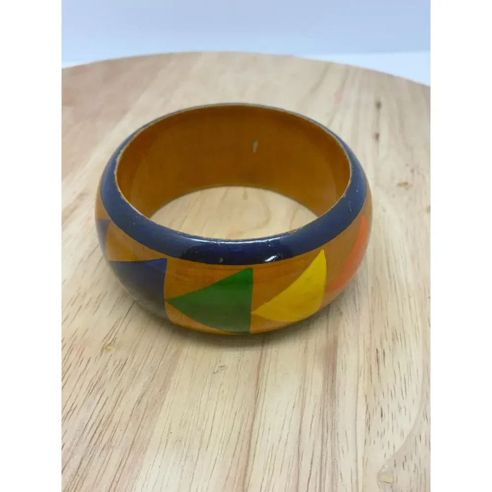 Vintage Wide Wooden Bangle Bracelet | Hand Painted Geometric Boho Bracelet